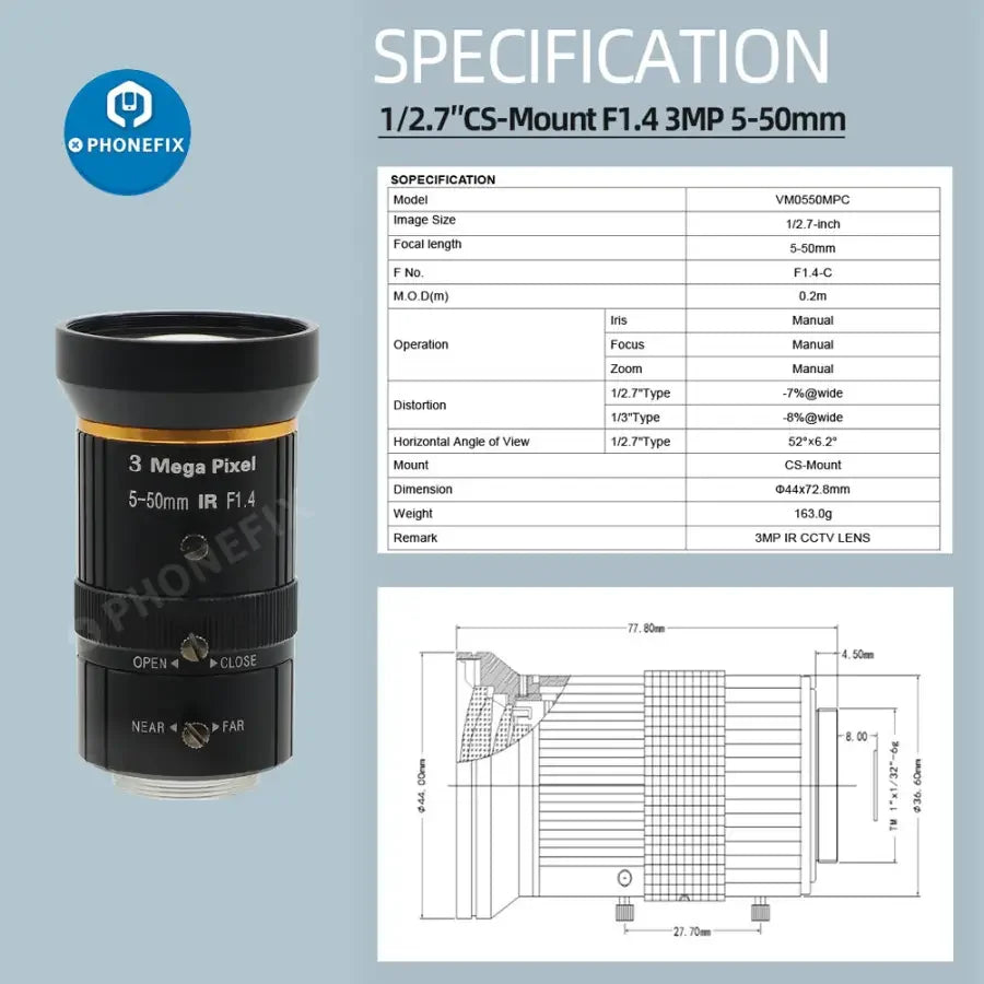 PhoneFIX 5-50mm 3.0MP varifocal machine vision lens with manual iris, CS mount, 1/2.7" sensor, F1.4 aperture.