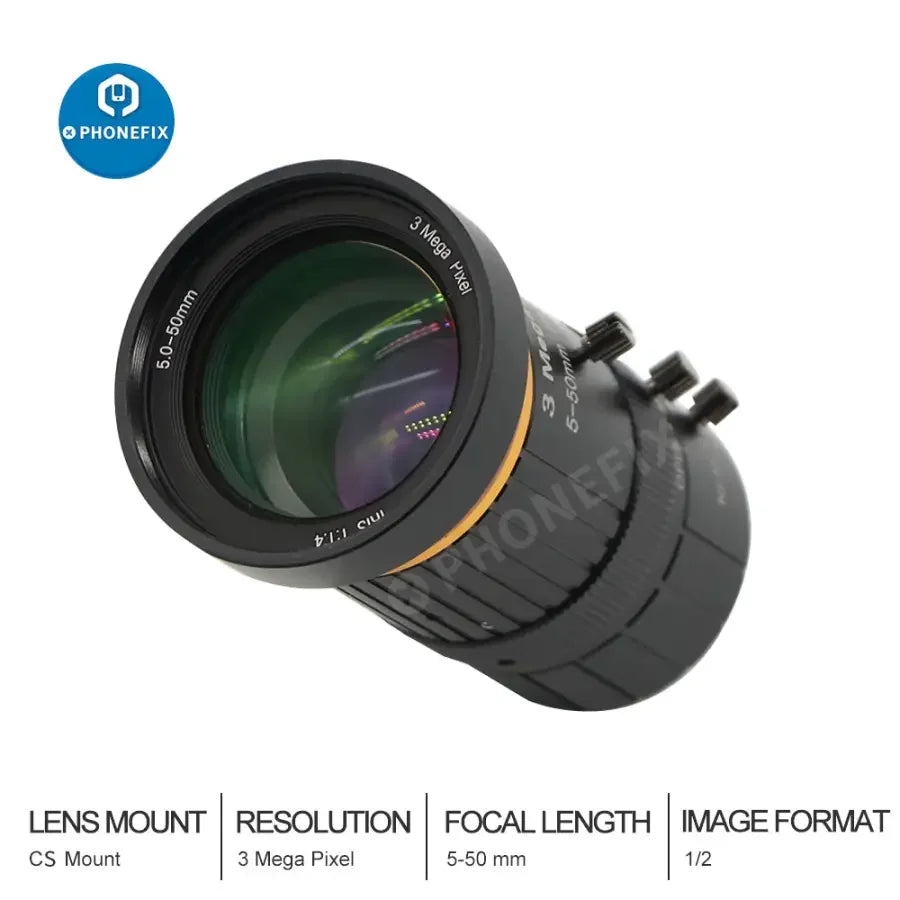 PHONEFIX 5-50mm 3.0MP varifocal machine vision lens with CS mount, manual iris, F1.4 aperture, 1/2.7" sensor.