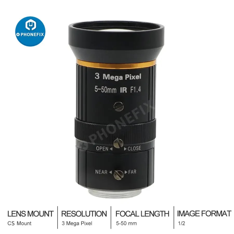 PhoneFIX 5-50mm 3.0MP varifocal machine vision lens with CS mount, manual iris, F1.4 aperture, 1/2.7" sensor for industrial use.