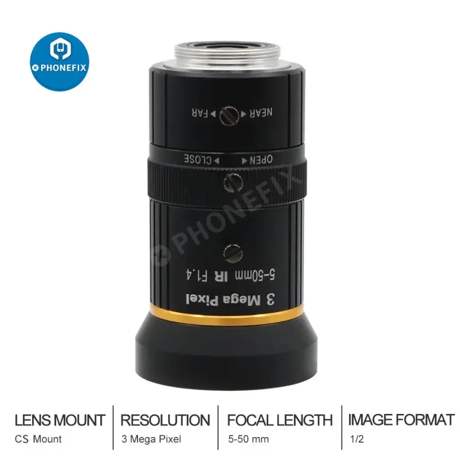 PhoneFIX 5-50mm 3.0MP varifocal machine vision lens with CS mount, 1/2.7" sensor, F1.4 aperture, manual iris adjustment.