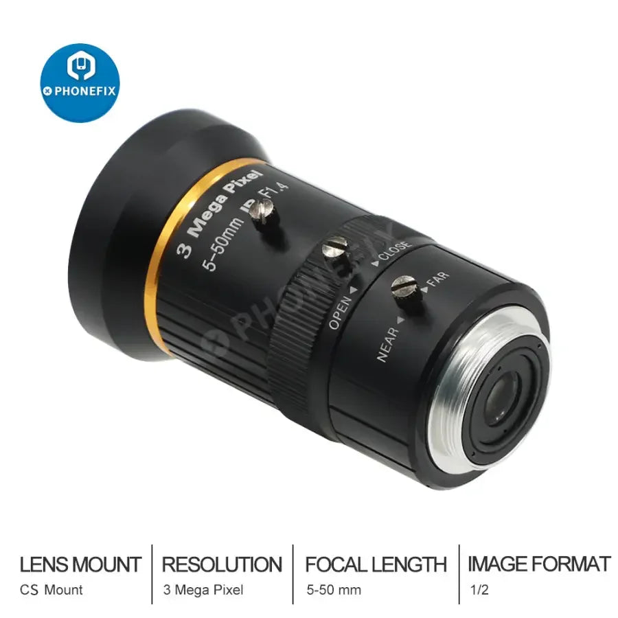 PhoneFIX 5-50mm 3.0MP varifocal machine vision lens with 1/2.7" sensor, F1.4 aperture, manual iris, CS mount.