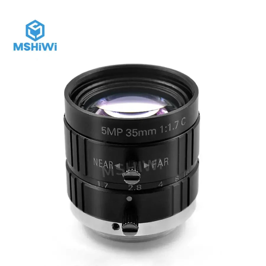 PhoneFix 5MP 2/3" F1.7 manual iris 35mm prime lens for industrial machine vision camera, showing lens with aperture control and mounting.