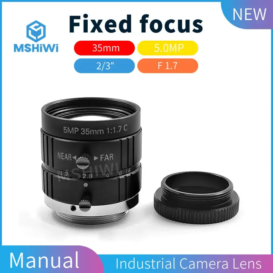 Phonefix 5MP 35mm manual iris lens for industrial machine vision camera, featuring 2/3" sensor compatibility and F1.7 aperture.