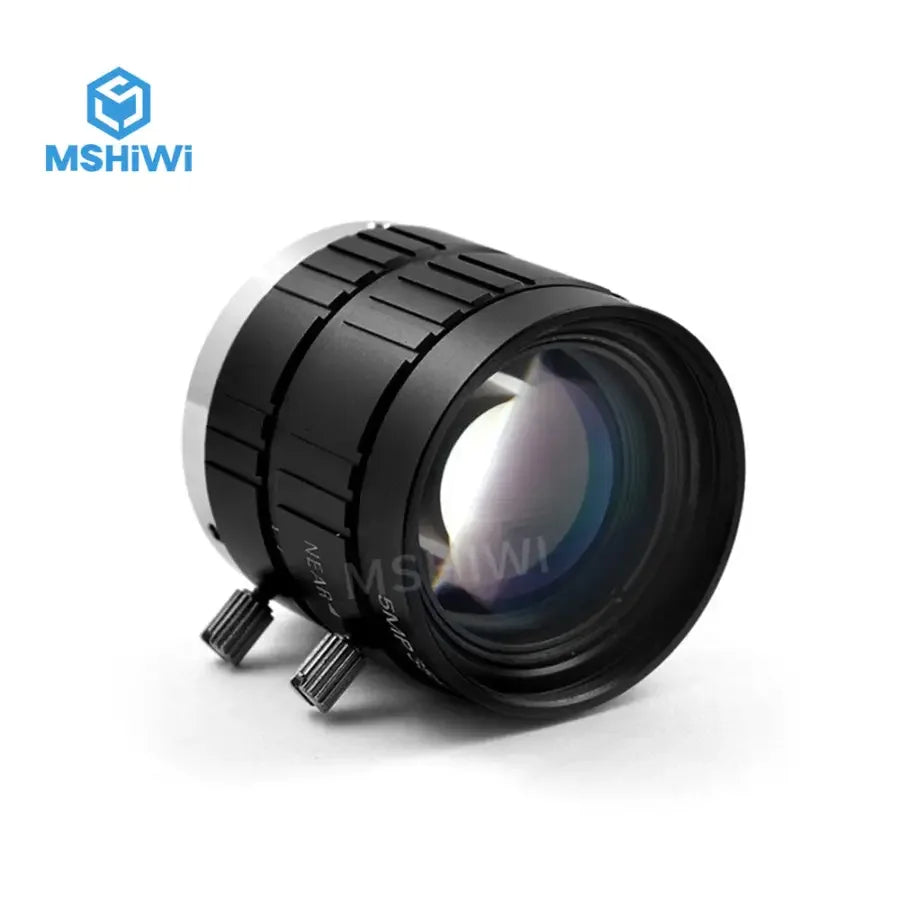 PHONEFIX 5MP 35mm F1.7 manual iris prime lens for industrial machine vision camera, detailed close-up of lens and mounting ring.