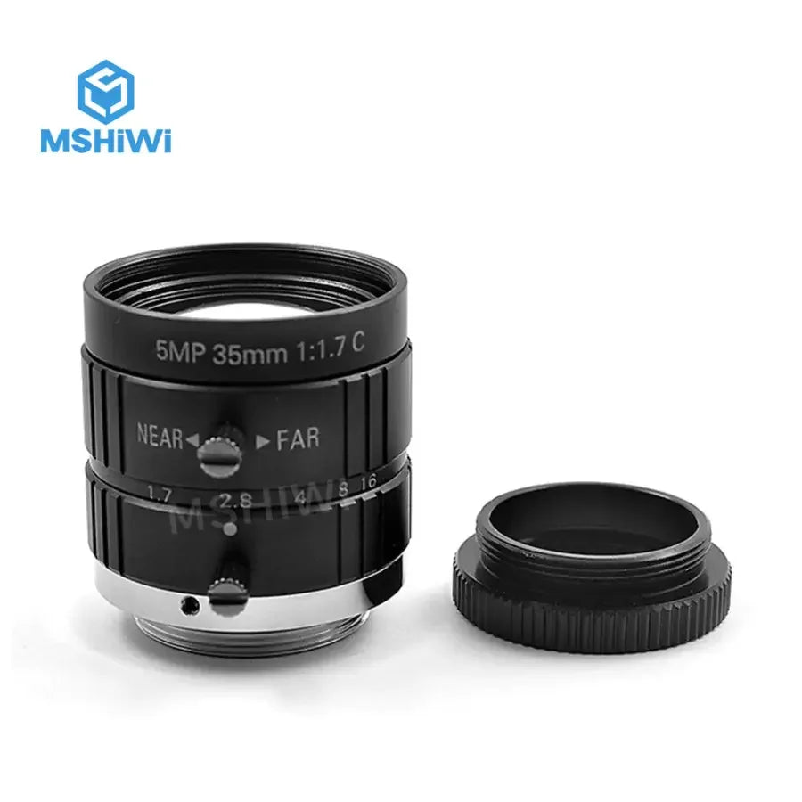 PhoneFIX 5MP 2/3" F1.7 manual iris 35mm prime lens for industrial machine vision camera, showcasing lens with focus and aperture controls.