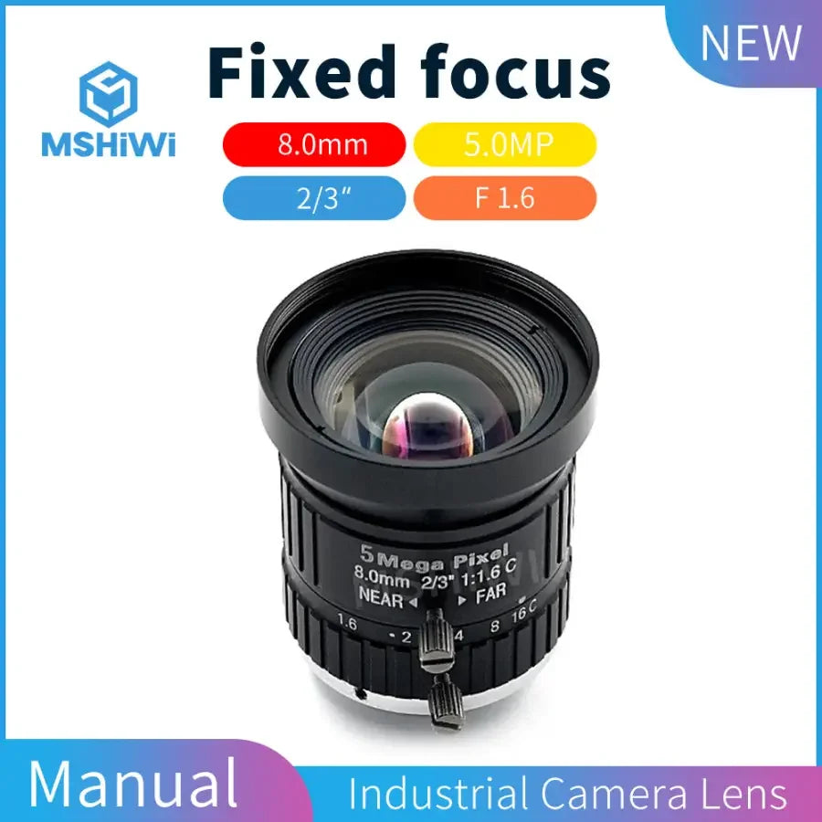 PHONEFIX 5MP 8mm 2/3" format machine vision lens with F1.6 manual fixed focal for precise imaging applications.