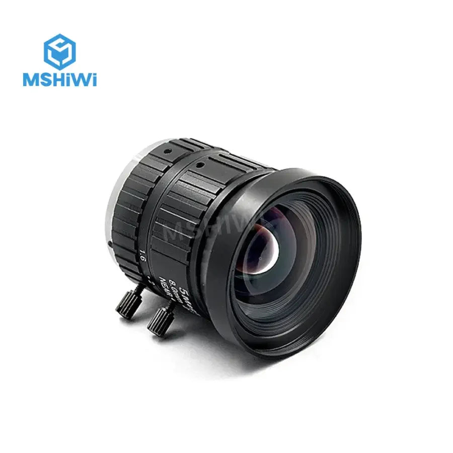 PHONEFIX 5MP 8mm 2/3" format machine vision lens with F1.6 manual fixed focal, showcasing the lens and mounting details.