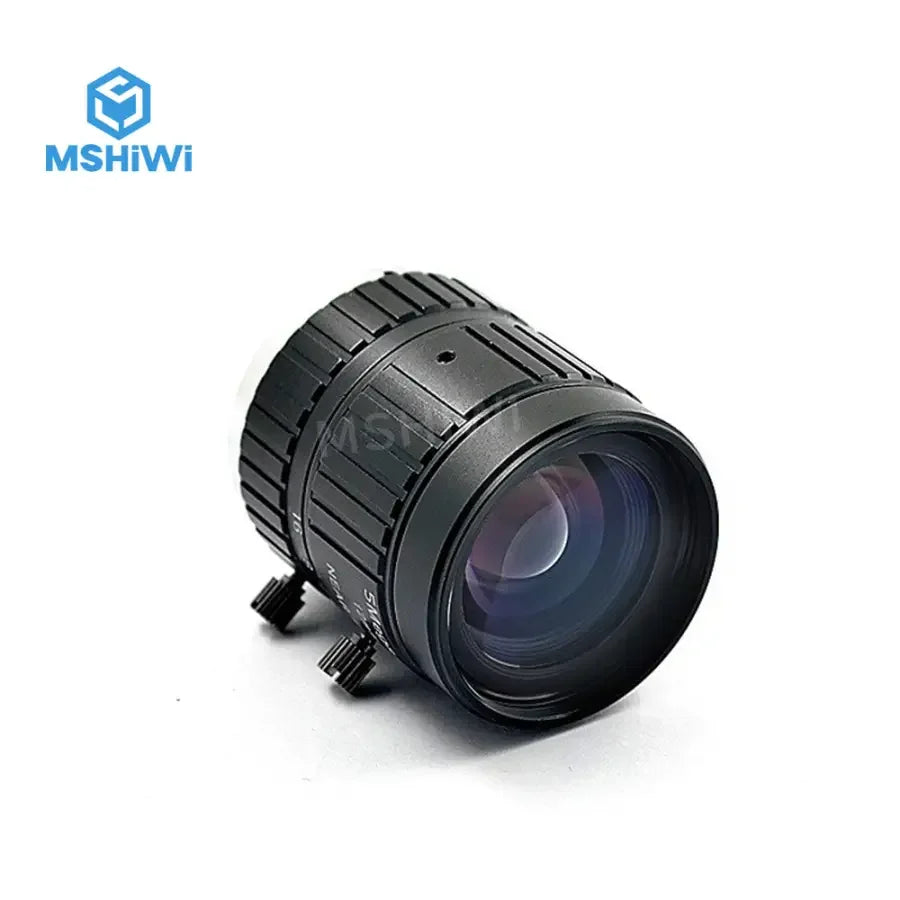 PHONEFIX 5MP C-mount 12mm prime lens for machine vision, with F1.6 aperture and manual iris for precise focus.