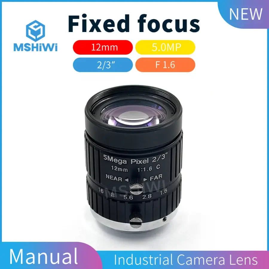 PHONEFIX 5MP C-mount 12mm prime lens for machine vision, featuring F1.6 manual iris and 2/3-inch sensor compatibility.