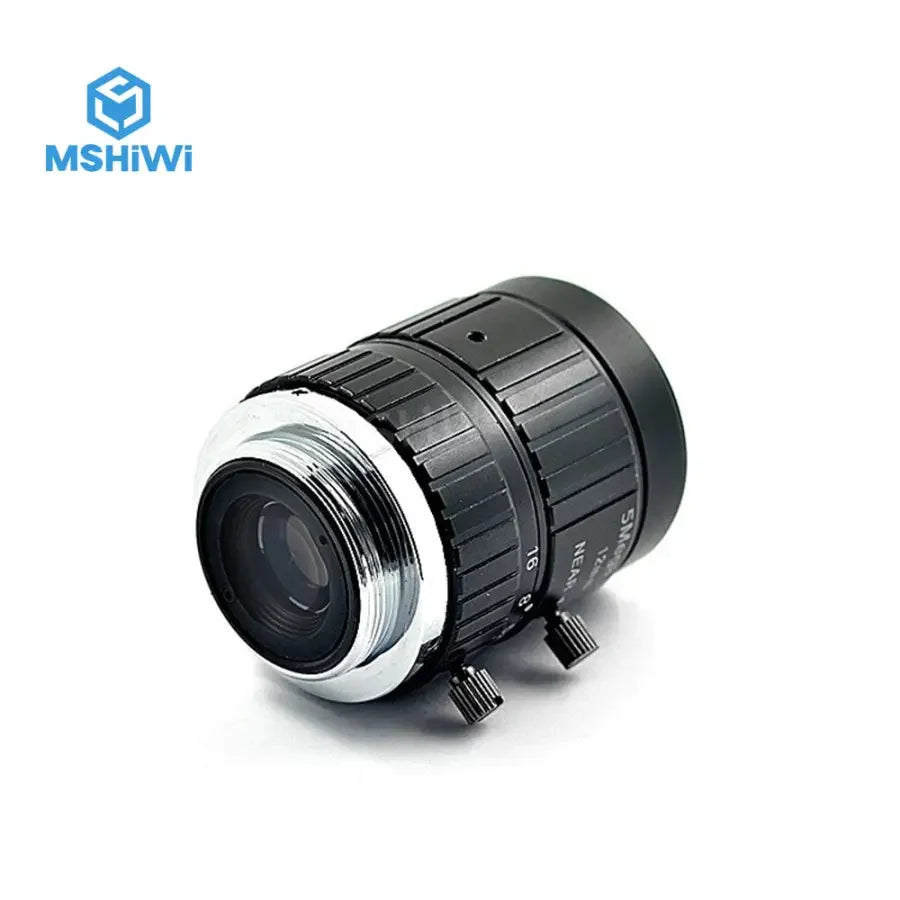 PHONEFIX 5MP C-Mount machine vision lens with 2/3" sensor, 12mm focal length, F1.6 aperture, manual iris for precise imaging.