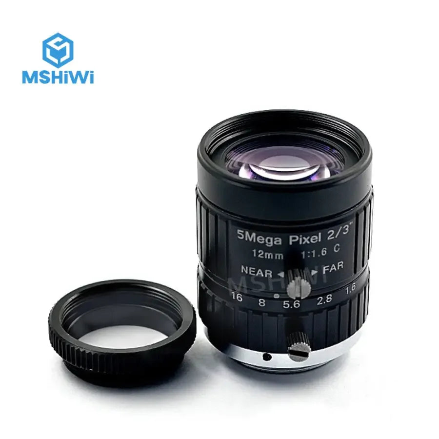 PHONEFIX 5MP C-mount machine vision lens with 12mm focal length, F1.6 aperture, manual iris, for high-quality industrial imaging.