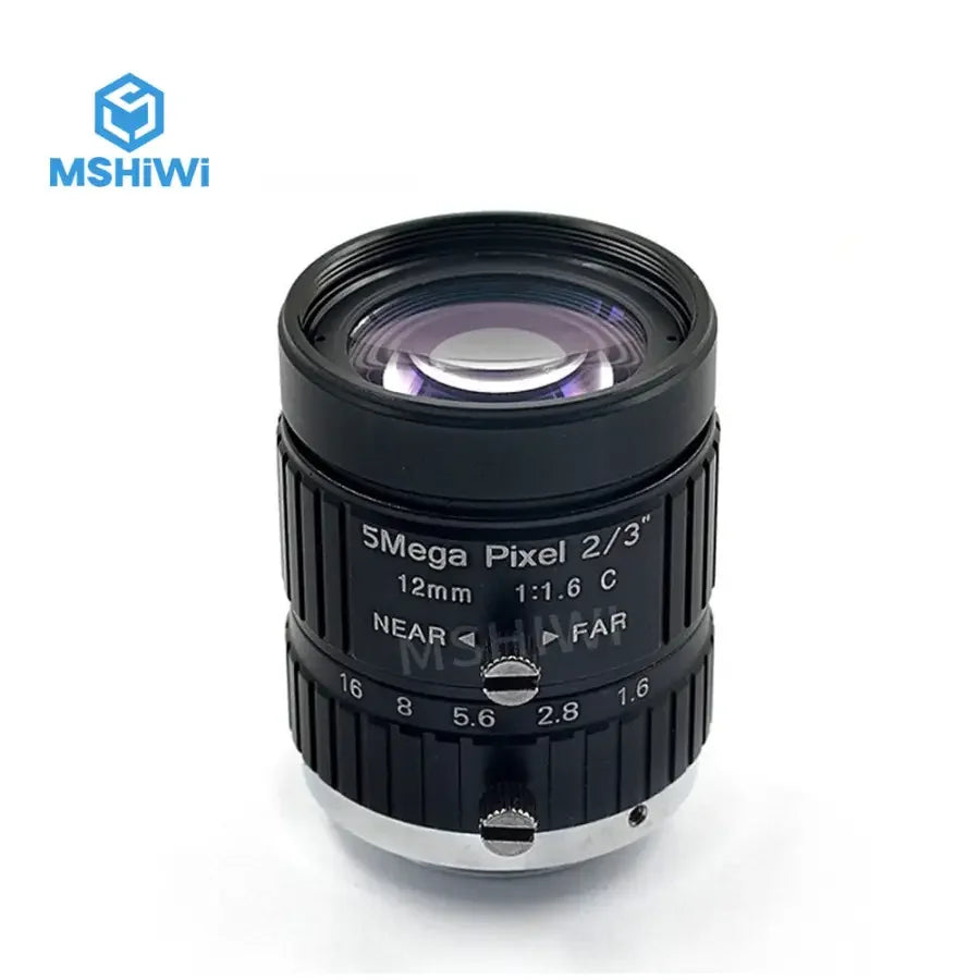 PHONEFIX 5MP C-Mount 12mm prime machine vision lens with F1.6 manual iris for high-quality imaging and precise focus.