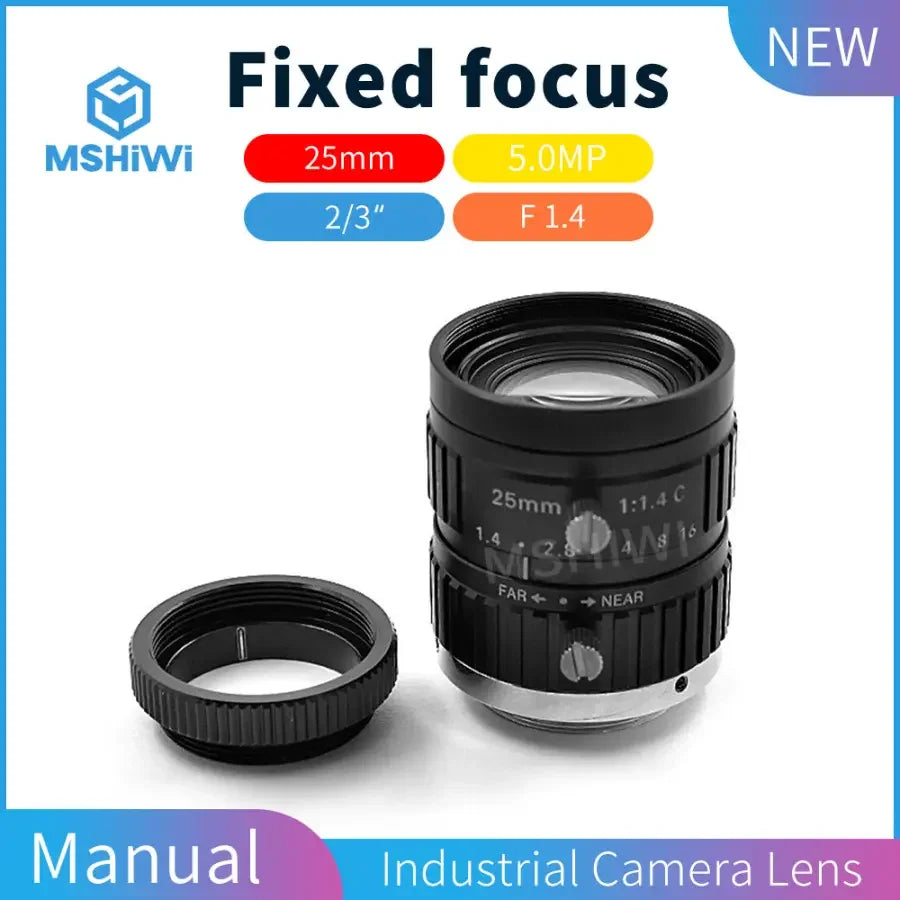 PHONEFIX 5MP F1.4 25mm manual iris C-mount machine vision lens for 2/3" cameras, ideal for precision imaging applications.