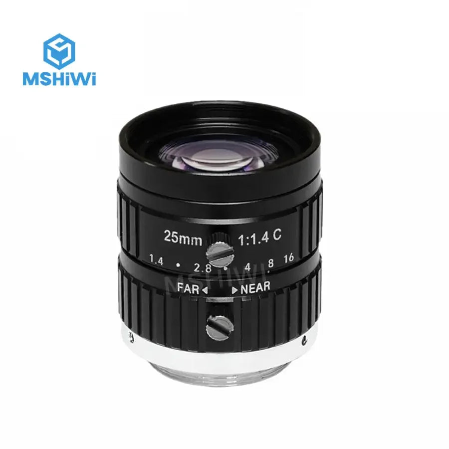 PHONEFIX 5MP F1.4 25mm manual iris C-mount machine vision lens for 2/3" cameras, with focus and aperture control.