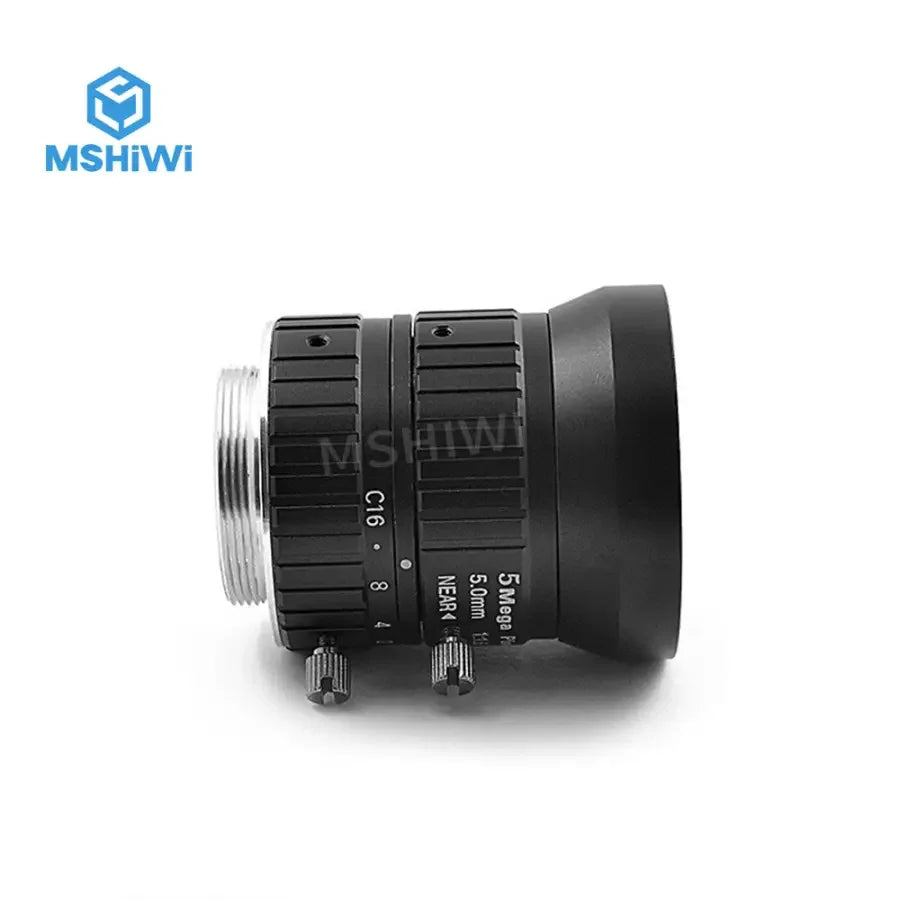 PhoneFIX 5MP F1.6 C-mount 5mm prime industrial camera lens for machine vision applications, showing the compact lens design.