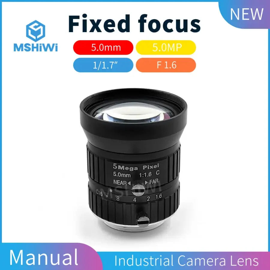 Phonefix 5MP F1.6 C-mount 5mm prime lens for industrial machine vision cameras, compact and high-quality optics.