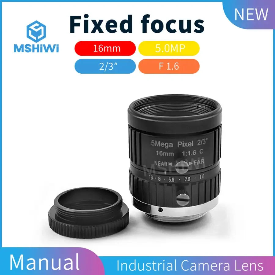 PHONEFIX 5MP F1.6 C-mount camera lens with 16mm fixed focus, manual iris, suitable for machine vision applications.