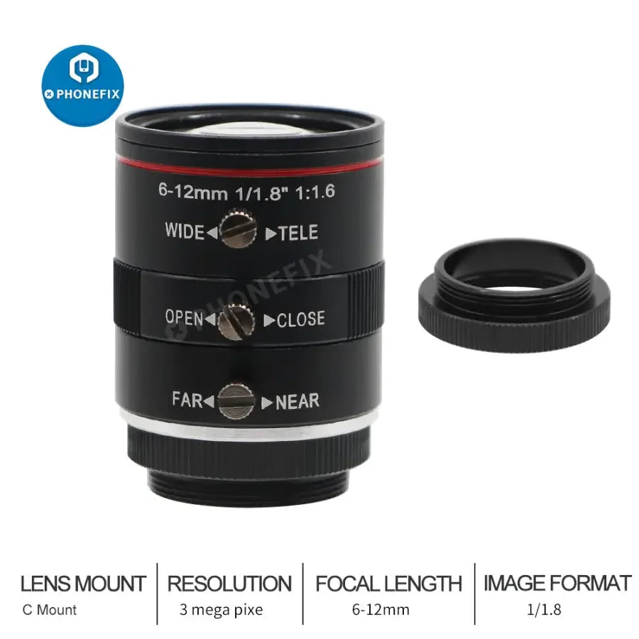 Objectif de caméra de vision industrielle PHONEFIX 6-12 mm, 6 mm F/1.6, monture C, adapté aux applications d'imagerie de haute précision.