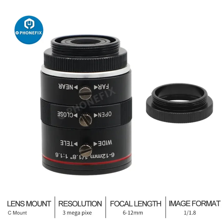 Objectif de caméra de vision industrielle PHONEFIX, focale de 6 à 12 mm, capteur 1/1.8", ouverture F/1.6, monture C, pour une imagerie de précision.