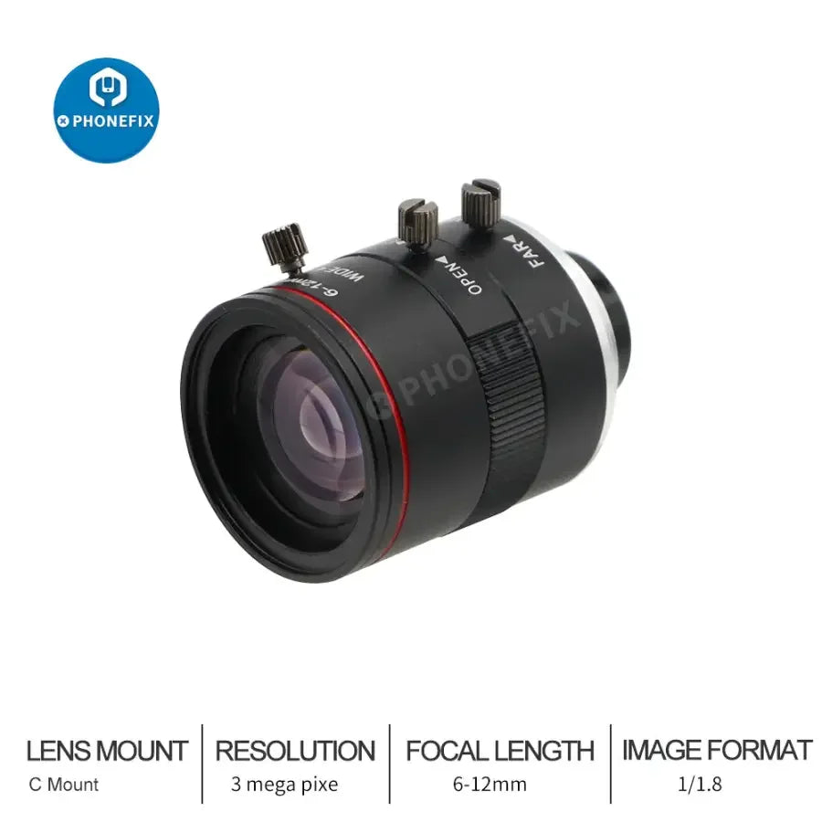 Objectif de caméra de vision industrielle Phonefix 6-12 mm, focale de 6 mm, ouverture F/1.6, monture C, pour une imagerie de haute précision.