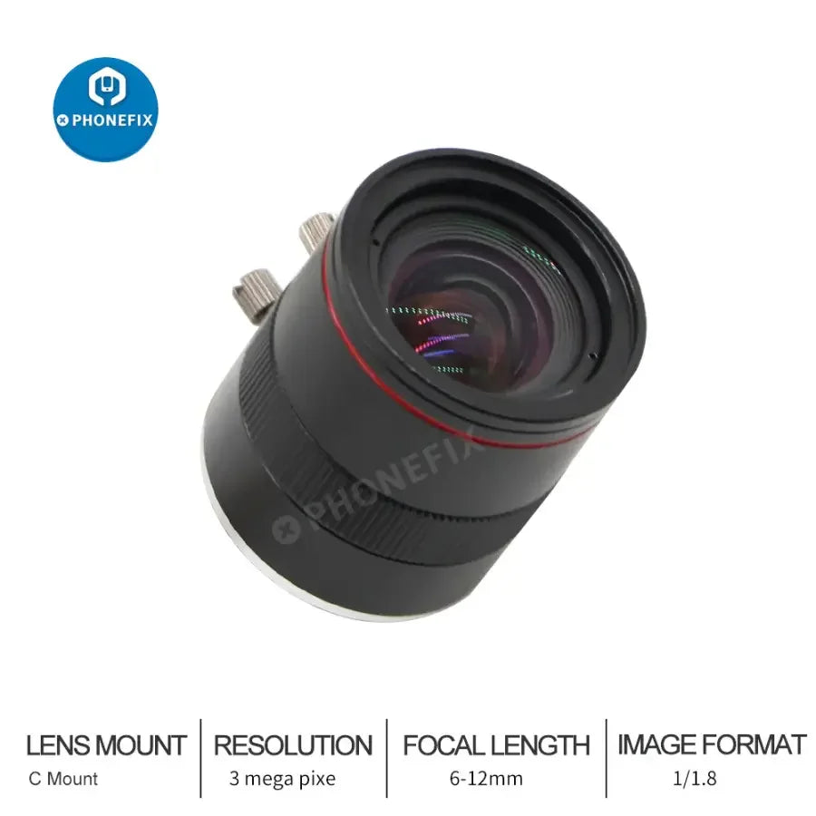 Objectif pour caméra de vision industrielle PHONEFIX, objectif à monture C 6-12 mm avec ouverture F/1.6 et focale de 6 mm.