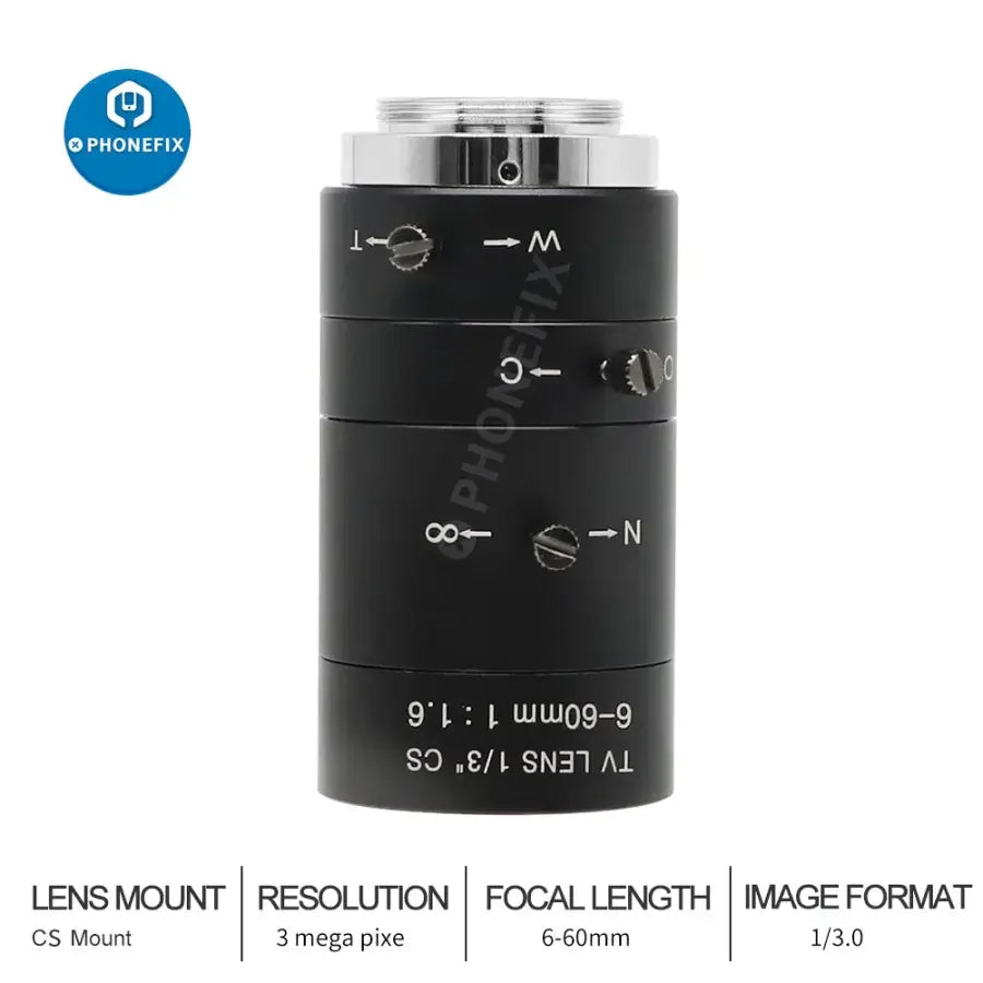 PhoneFIX 6-60mm 1/3" CCD F1.6 CS Mount Lens for CCTV surveillance camera, versatile machine vision lens with adjustable focus.