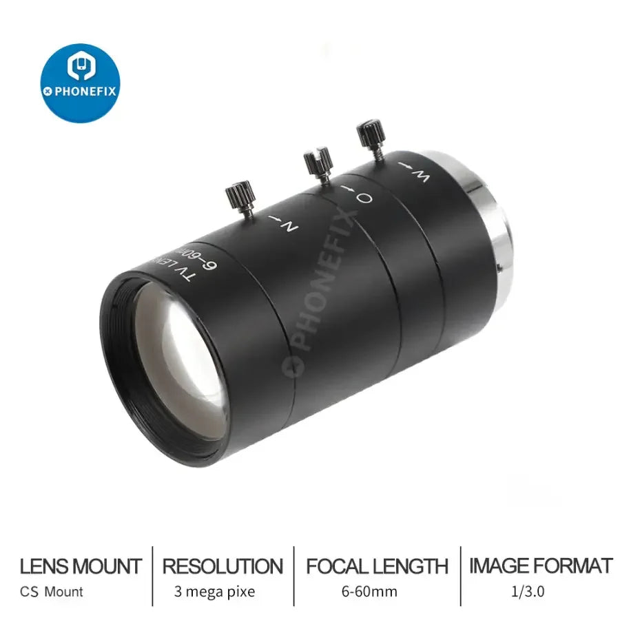 PHONEFIX 6-60mm 1/3" CCD F1.6 CS Mount Machine Vision Lens for CCTV Surveillance Camera, shown with lens details and mounting type.