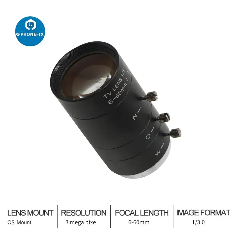 PhoneFIX 6-60mm 1/3" CCD F1.6 CS Mount Machine Vision Lens for CCTV surveillance cameras, showing lens with focus rings.