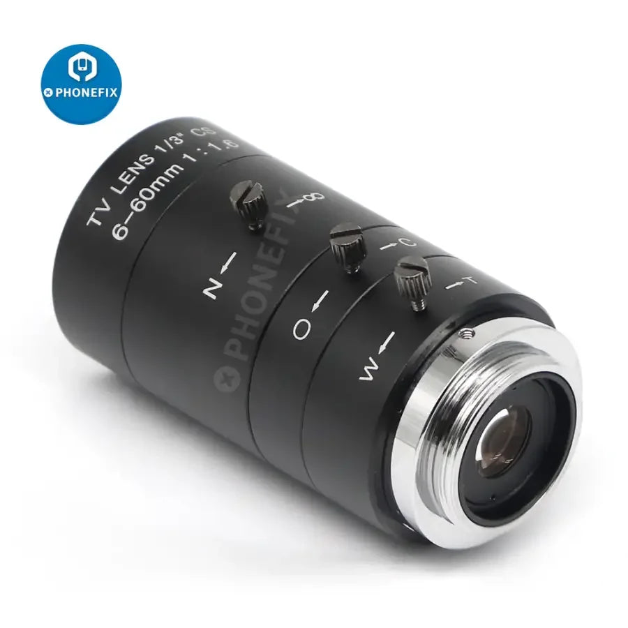 PHONEFIX 6-60mm CS mount manual varifocal lens for industrial microscopes, used in machine vision and precision imaging applications