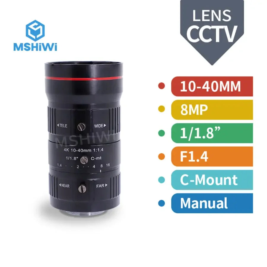PHONEFIX 8.0MP machine vision lens with 10-40mm zoom, 1/1.8" sensor, F1.4 aperture for industrial imaging applications.