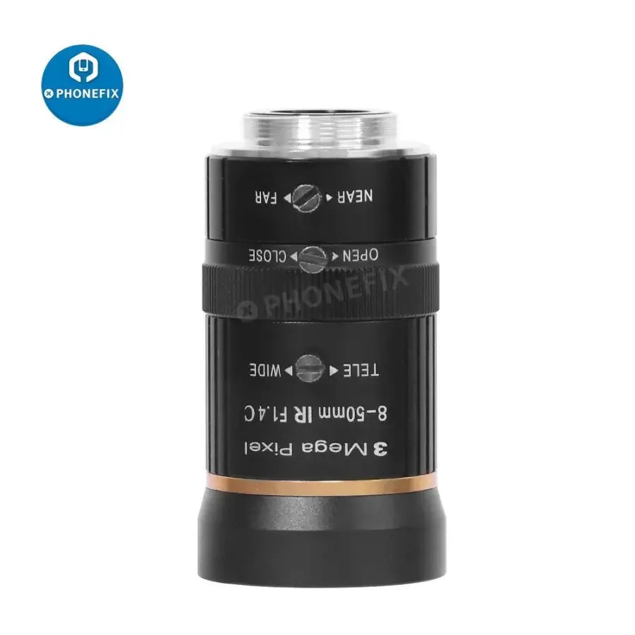 PHONEFIX 8-50mm 3MP manual aperture C-mount security camera lens for machine vision applications, shown in close-up.