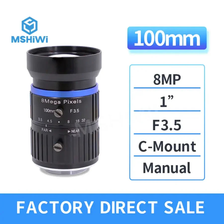 8MP 100mm C-mount industrial FA lens with F3.5 manual iris, designed for machine vision applications, by PHONEFIX.