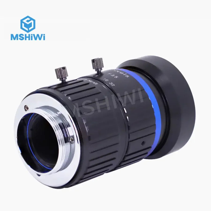 8MP 100mm C-mount F3.5 aperture manual iris industrial machine vision lens by PHONEFIX, showing lens with focus ring and aperture control