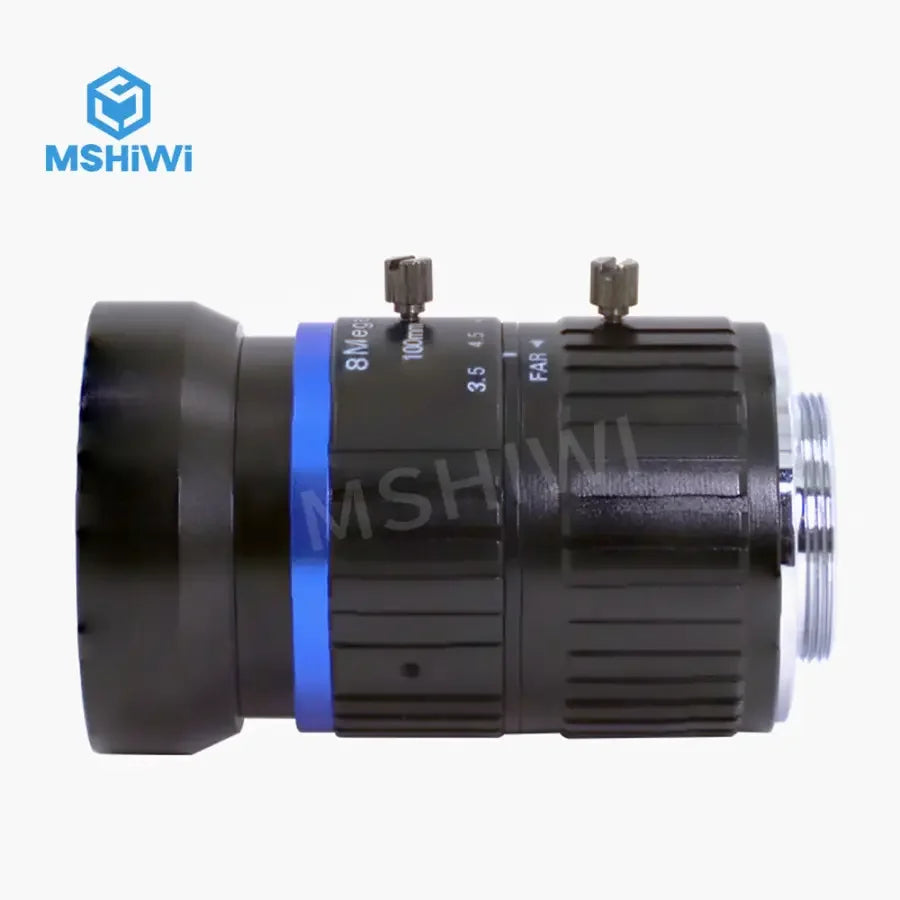 8MP 100mm C-mount F3.5 industrial machine vision lens with manual iris, designed for high-resolution industrial imaging.