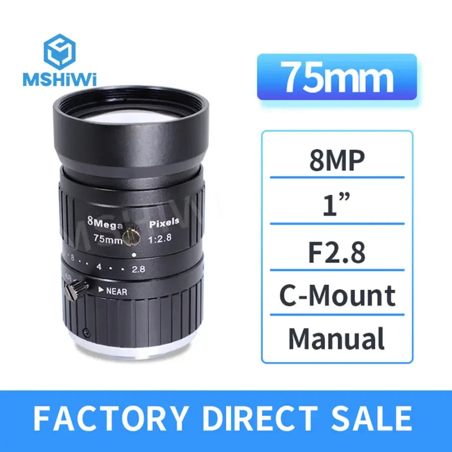 PHONEFIX 8MP 75mm FA Prime C-mount lens for machine vision, F2.8 aperture, manual focus, ideal for industrial camera applications.