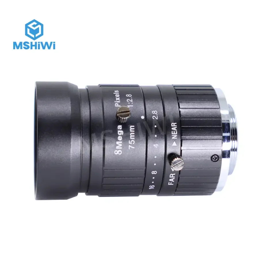 PHONEFIX 8MP 75mm FA Prime C-mount lens for machine vision, F2.8 aperture, manual focus, ideal for industrial camera applications.