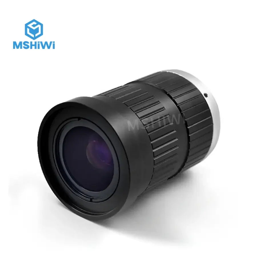 PhoneFIX 8MP F1.4 1" C-Mount Lens with 16mm fixed focus for machine vision applications, featuring manual focus adjustment.