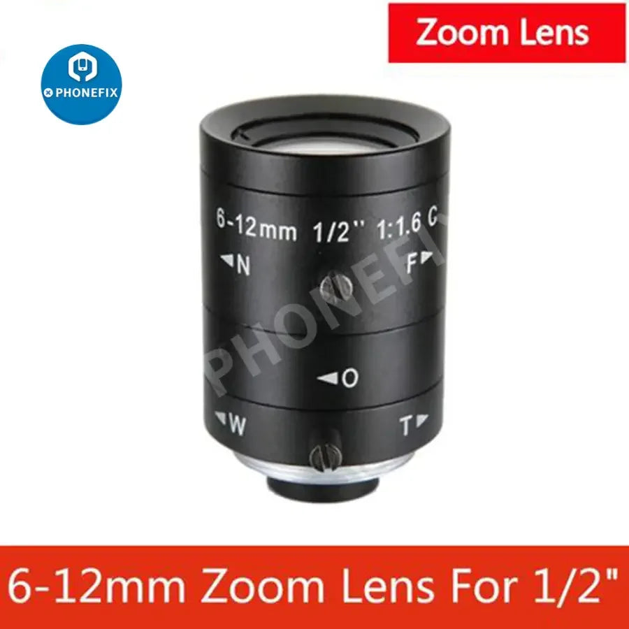 HD 5MP machine vision lens with 6-12mm zoom, C-mount industrial lens by PHONEFIX, suitable for precision imaging applications.