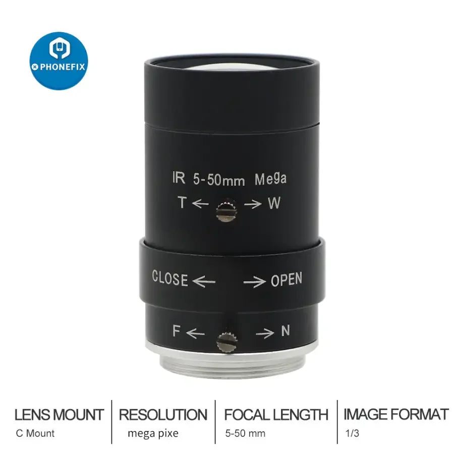 Phonefix varifocal 5-50mm F1.6 industrial machine vision lens with C-mount for high-precision camera applications.
