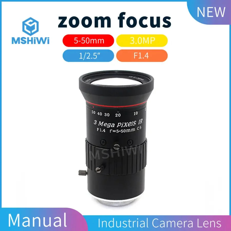 PHONEFIX varifocal F/1.4 5-50mm industrial machine vision lens with manual iris, CS-mount, for precise imaging applications