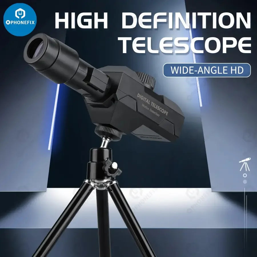 Phonefix 2MP WiFi smart digital telescope with 70x zoom and tripod, featuring magnifying glass for detailed viewing.