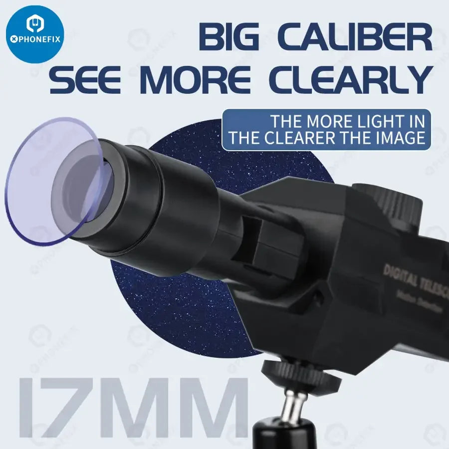 PhoneFIX 2MP WiFi smart digital telescope with 70x zoom, magnifying glass and tripod for detailed viewing and image capturing.