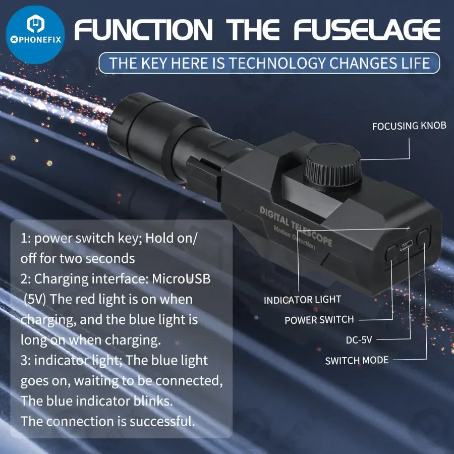 PhoneFix 2MP WiFi smart digital telescope with 70x zoom, magnifying glass, and tripod for detailed close-up viewing.