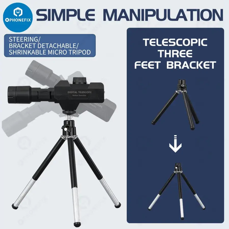 PHONEFIX 2MP WiFi smart digital telescope with 70x zoom magnifying glass and tripod, ideal for detailed viewing and inspection.