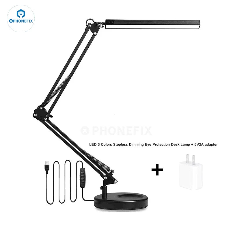PHONEFIX LED eye protection desk lamp with magnifying glass, metal swing arm for adjustable lighting and detailed close-up view.