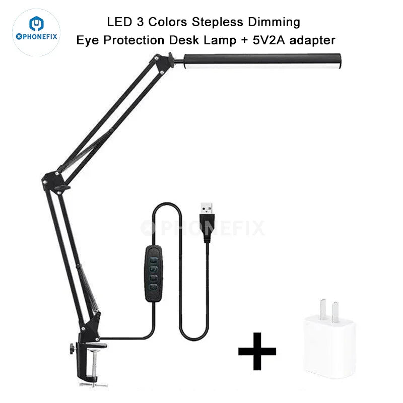 PHONEFIX LED eye protection desk lamp with magnifying glass, metal swing arm table lamp for focused lighting and detailed work.