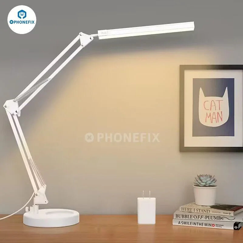 Black LED eye protection desk lamp with metal swing arm and magnifying glass clip for focused illumination and enhanced detail.