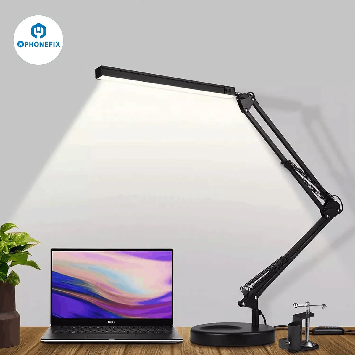 Black LED eye protection desk lamp with metal swing arm and magnifying glass, clip-on design by PHONEFIX.
