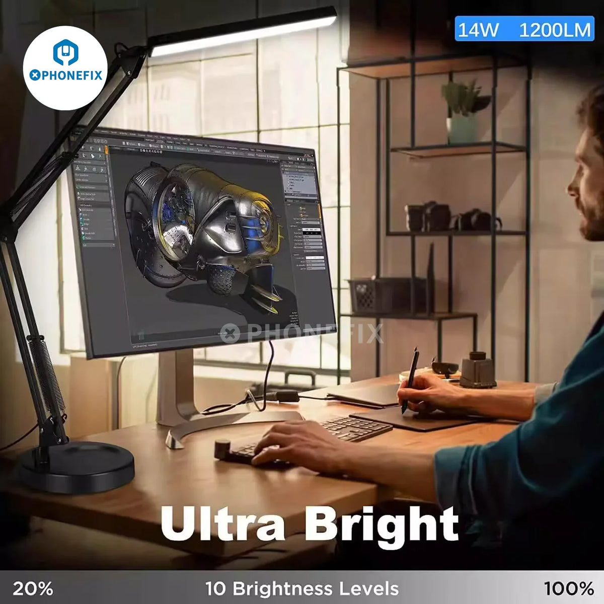 PHONEFIX LED eye protection desk lamp with magnifying glass, metal swing arm, aluminum clip, black finish for focused lighting.