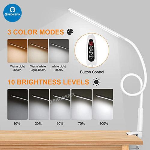 Flexible LED desk lamp with magnifying glass and three lighting modes for phone repair by PHONEFIX, ideal for detailed work.